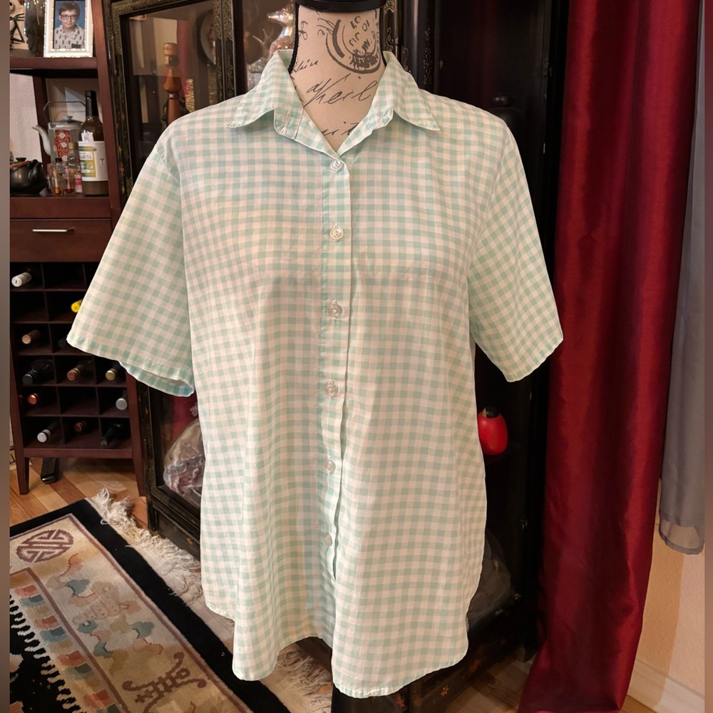 Vintage Vicki Wayne Mint Green Gingham Plaid Button Down Short Sleeve Shirt